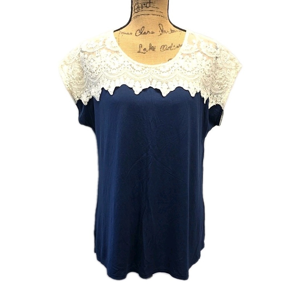Umgee Blue Cream Lace Top Cap Sleeve Boho Cottagecore Romantic sz M